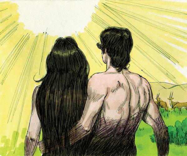Adam and Eve, the first humans, in God's presence (represented by the light) Adam and Eve, the first humans, in God's presence (represented by the light)