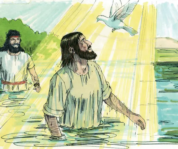The Holy Spirit coming down on Jesus as a dove after john baptizes him