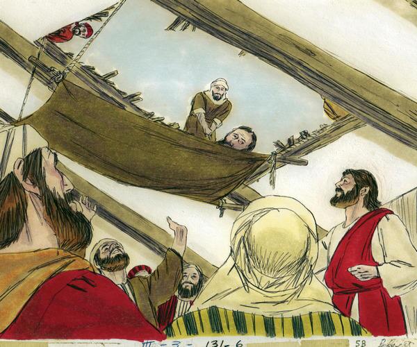 Friends lowering a paralyzed man before Jesus Friends lowering a paralyzed man before Jesus